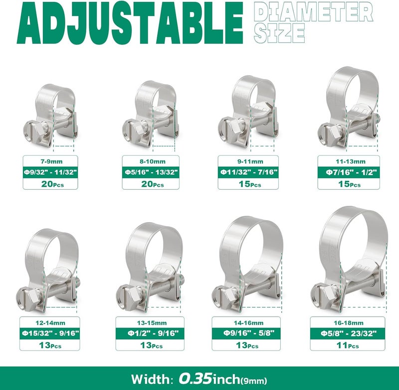 ORU 120PCS Fuel Line Clamp Assortment Kit 304 Stainless Steel,8 Sizes Adjustable 9/32"-23/32" Dia (7-18mm) Mini Fuel Injection Gas Line Hose Clamps,Pipe Clamp for Automotive,Diesel Petrol Pipe - Image 2
